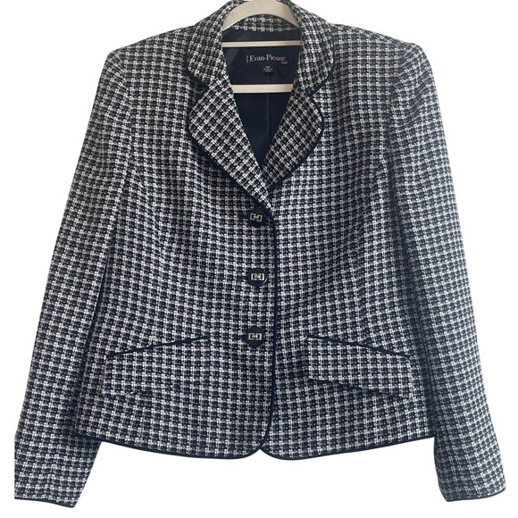 Evan-Picone Jackets & Blazers - 00779 Evan Picone Petite Black‎ Navy White Plaid Blazer Jacket 10P PreOwned